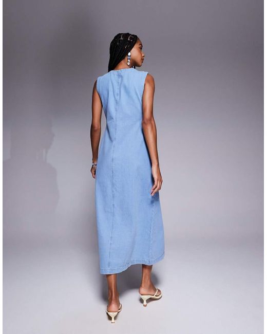 ASOS Blue Round Neck Denim Maxi Dress With Button Front Opening