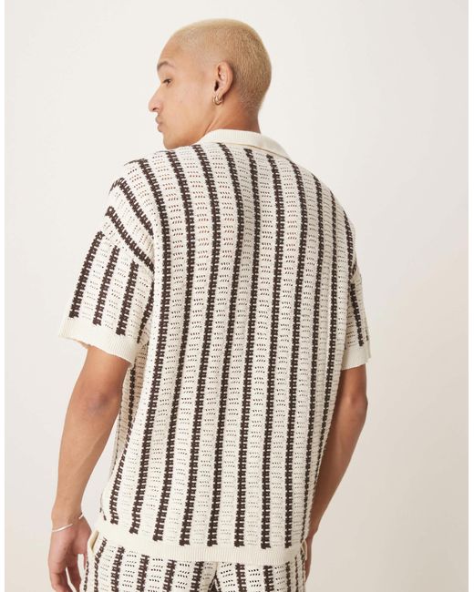 ASOS Natural Relaxed Crochet Knit Button Up Polo Shirt With Stripe Pattern for men