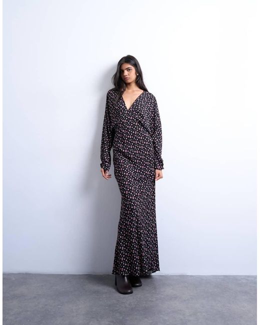 TOPSHOP Blue Midi Long Sleeve Tea Dress
