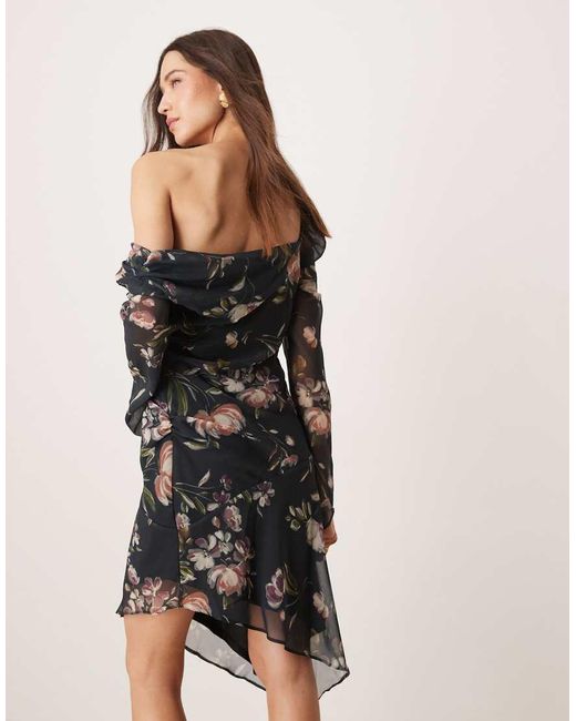 ASOS Natural Asymmetric Floral Print Long Sleeve Dress