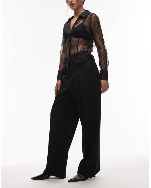 ARKET Black Satin Wide Straight Leg Tailored Trousers With Elasticated Waist