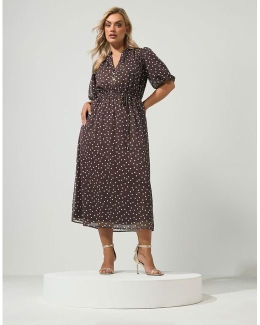 Yours Clothing Brown Polka Dot Puff Sleeve Dress