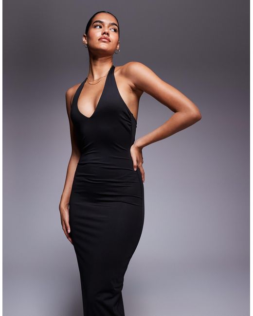 Princess Polly Blue Spicy Bodycon Halterneck Plunge Maxi Dress