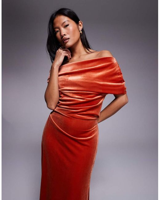 ASOS Red Asos Design Petite Velvet Midi Dress With Fallen Shoulder