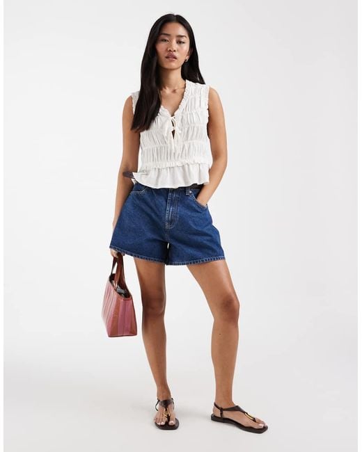 ONLY White Linen Blend Tie Front Ruched Top