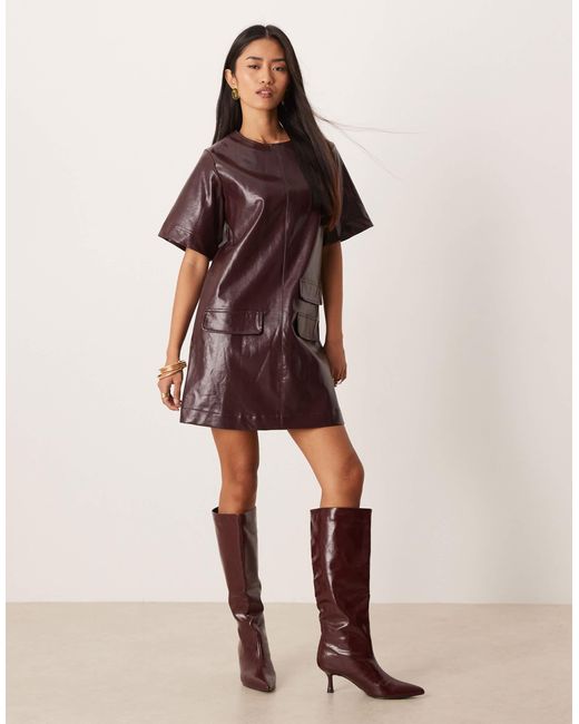 Ghospell Women's Red Cotton Blend Leather Look Pocket Detail Mini Dress -  magambanetwork.com
