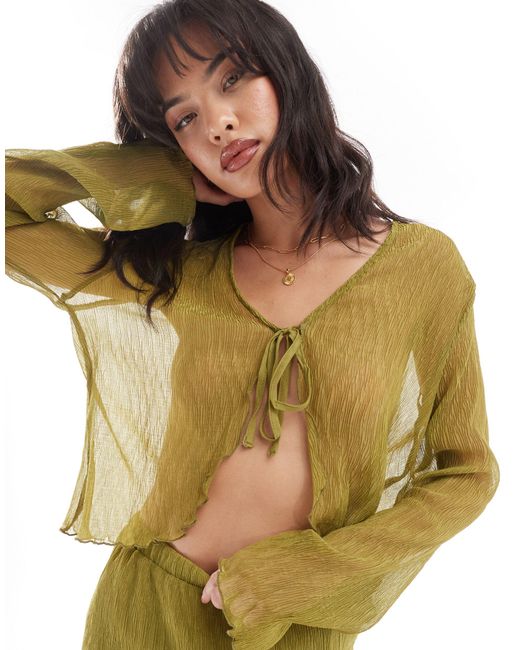 Pieces Green Woven Sheer Plisse Tie Front Top Co-ord