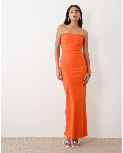 Vesper Orange Bengaline Square Edge Ruched Front Maxi Dress