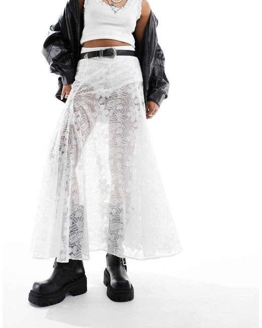 Free People White Lace Full Boho Maxi Skirt