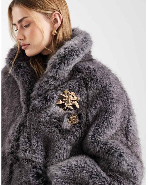 ASOS Black Vintage 80s Faux Fur Jacket With Gold Brooch Detailing