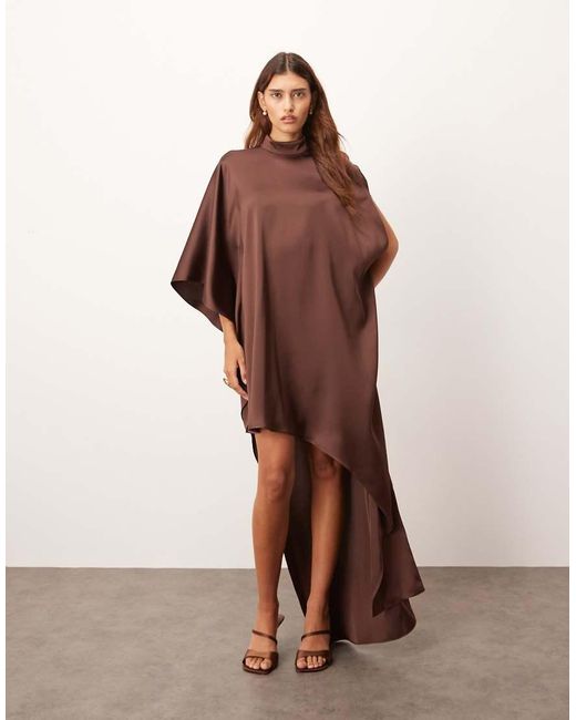 ARRANGE Brown High Neck Cape Sleeve Mini Dress With Asymmetric Hem
