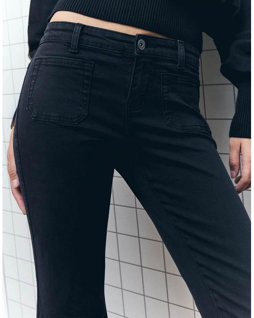 Bershka Blue Flare Trousers With Flaps And Pocket