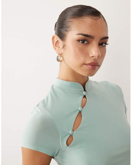 ASOS Green Fitted Short Sleeve Top With Rouleau Loop Buttons Detail