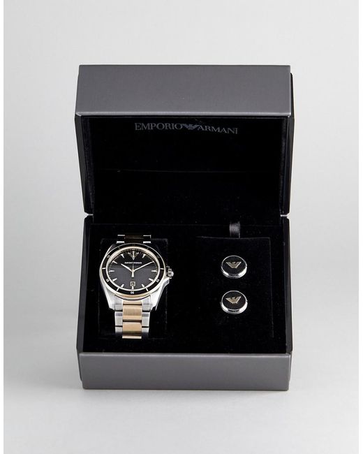 Emporio Armani Metallic Ar80017 Bracelet Watch & Cufflinks Gift Set In Mixed Metal for men