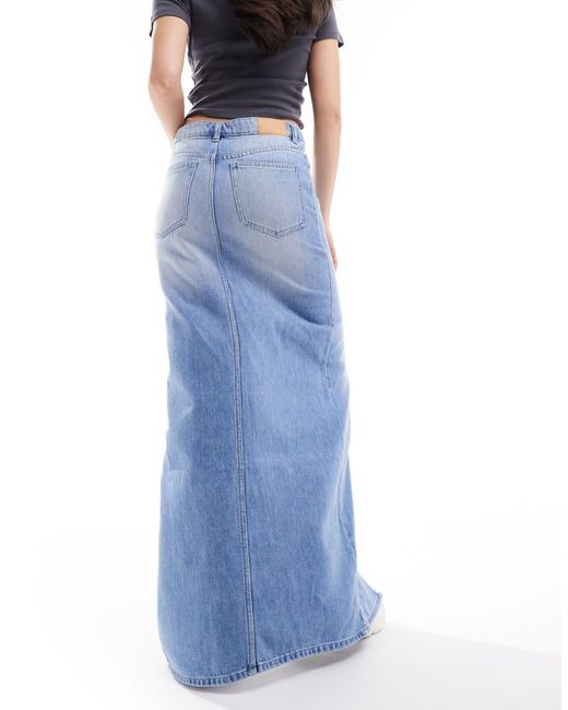 Monki Blue Midaxi Denim Skirt With Front Split