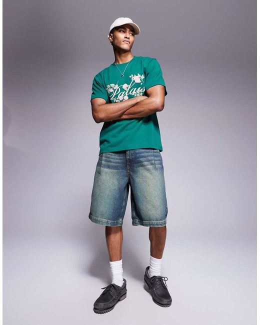 Jorts Di Jeans Taglio Lungo A Pieghe Con Tinta Verde di ASOS in Blue da Uomo