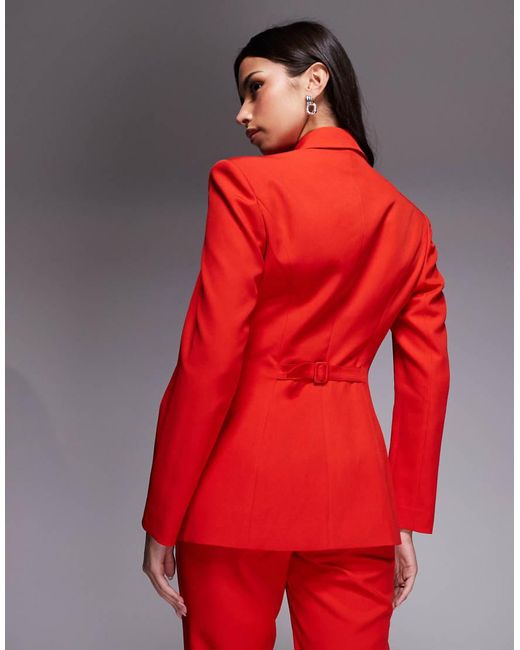 Kaiia Red Exclusive Tailo Cinch Waist Detail Shoulder Pad Blazer Co-ord