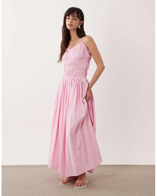 ASOS Pink Shirred Cotton Poplin Maxi Sundress With Dropped Waist