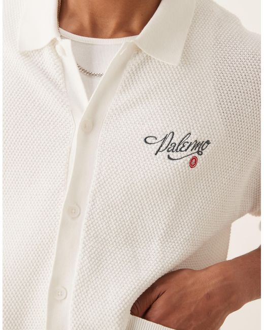 ASOS White Relaxed Knitted Button Through With Chest Embroidery for men