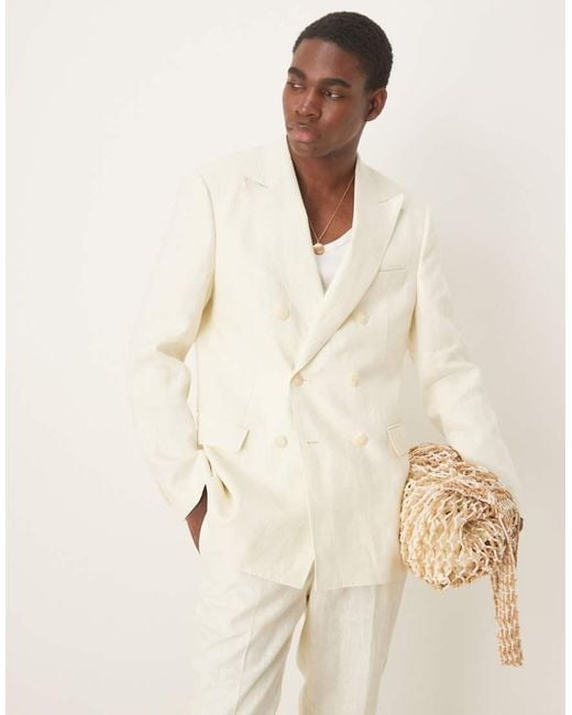 Americana De Traje De Corte Slim Con Doble Botonadura De Lino De (Parte De Un Conjunto)-Neutro Mango de hombre de color Natural