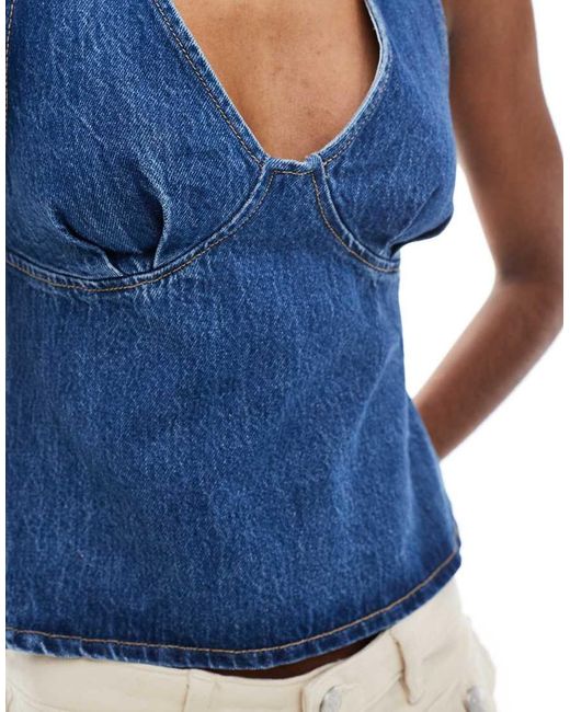 Top Vaquero Con Cuello Halter Y Pliegues De ASOS de color Blue