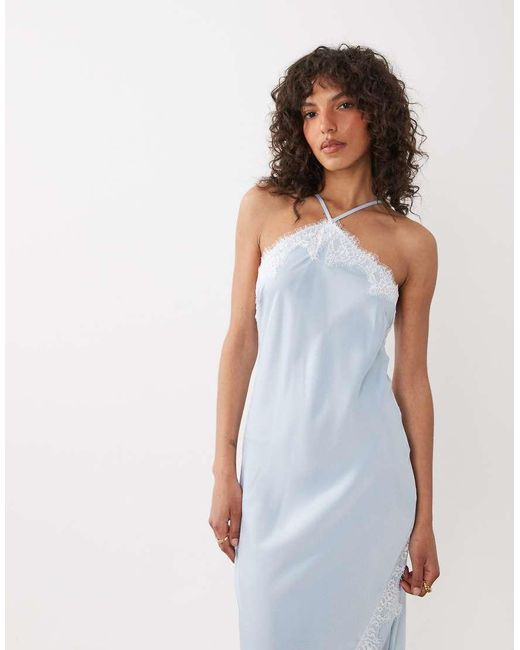 New Look White Asymmetric Halterneck Satin Lace Midi Dress