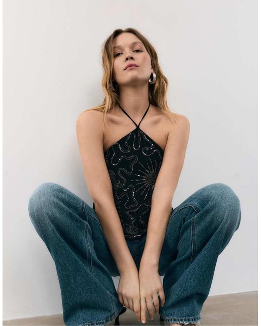 Stradivarius Black Embroidered Halter Top