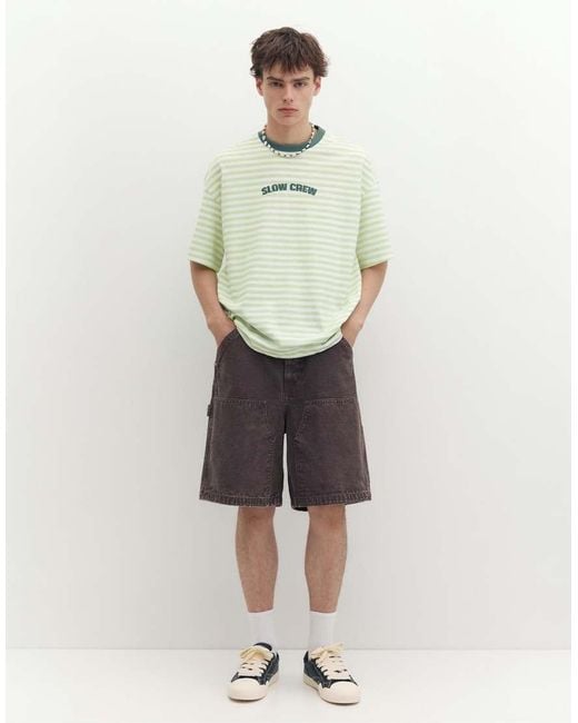 Pull&Bear Green Stwd Boxy Striped T-shirt for men