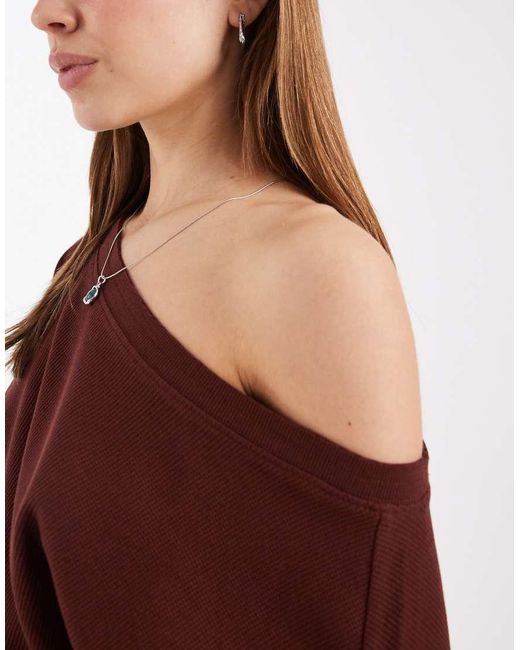 ASOS Red Boxy Off The Shoulder Waffle Knit T-shirt
