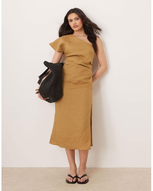 Robe mi-longue asymétrique 100 % lin avec taille froncée - sable Mango en coloris Natural