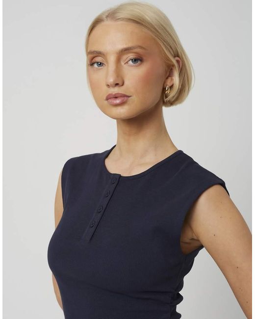 Brave Soul Blue Sleeveless Button Neck Top With Ruched Detail