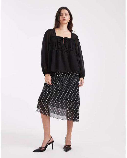 ASOS Black Sheer Yoke Chiffon Ruched Detail Blouse
