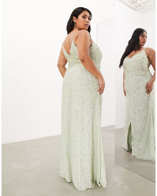 Asos design curve - l'invitée - robe longue à ornements avec bretelles fines et détail drapé sur le côté - sauge ASOS en coloris Green