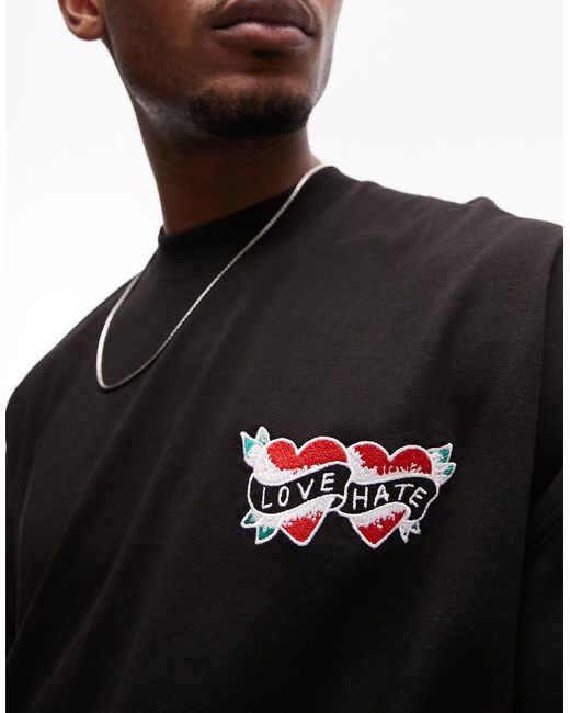 T-shirt super oversize nera con stampa "love hate" davanti e dietro di Topman in Black da Uomo
