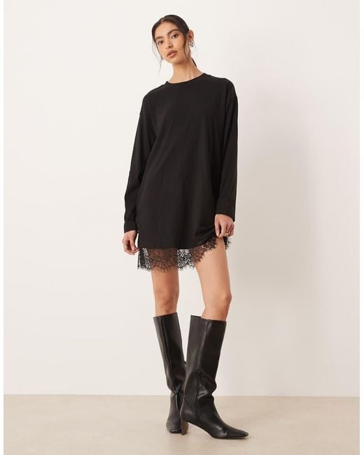 ASOS Black Long Sleeved T-shirt Dress With Lace Trim