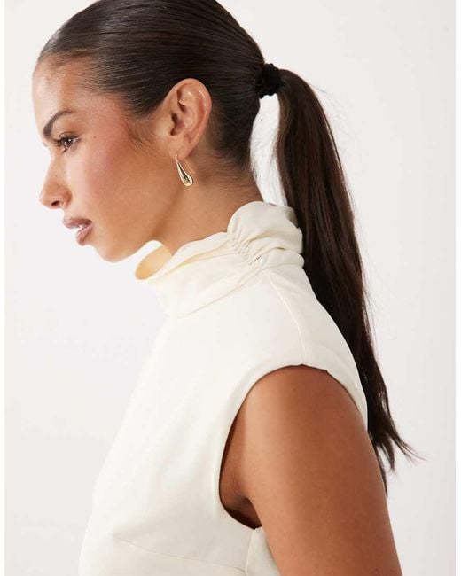 Gina Tricot White Sleeveless Funnel Neck Faux Feather Trim Top