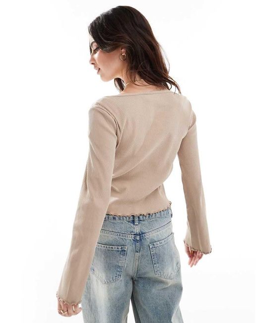 Vila T-Shirt Met Lange Mouwen, Lage Ronde Hals En Geschulpte Rand in het White