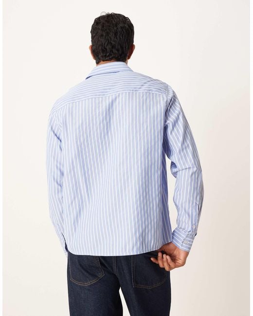 ASOS Blue Relaxed Fit Striped Shirt With Embroidery for men