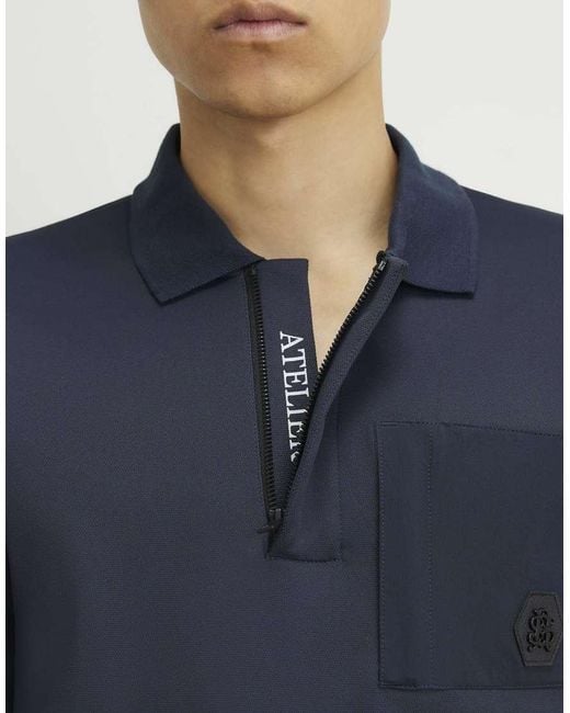 River Island Blue Slim Fit Nylon Pocket Polo Shirt for men