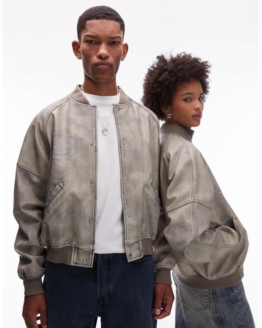 Collusion Brown Unisex Washed Varsity Bomber Jacket