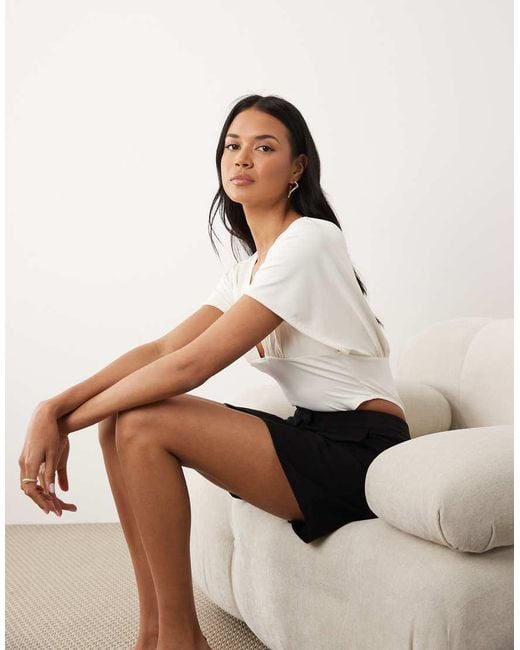 ASOS Natural Polyamide Drape Sleeve Plunge Bodysuit