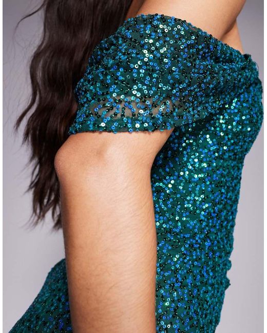 Goddiva Blue Off The Shoulder Sequin Wing Maxi