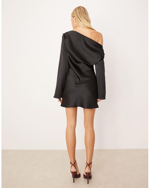 ASOS Black Satin Drape Long Sleeve Off Shoulder Mini Dress