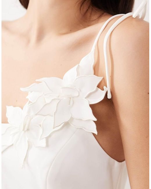 JW PEI White Square Neck 3D Floral Applique Detail Tie Shoulder Lace Panel Mini Dress