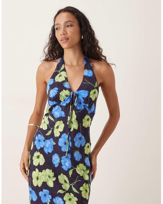 Mango Blue Tie Front Halterneck Maxi Dress