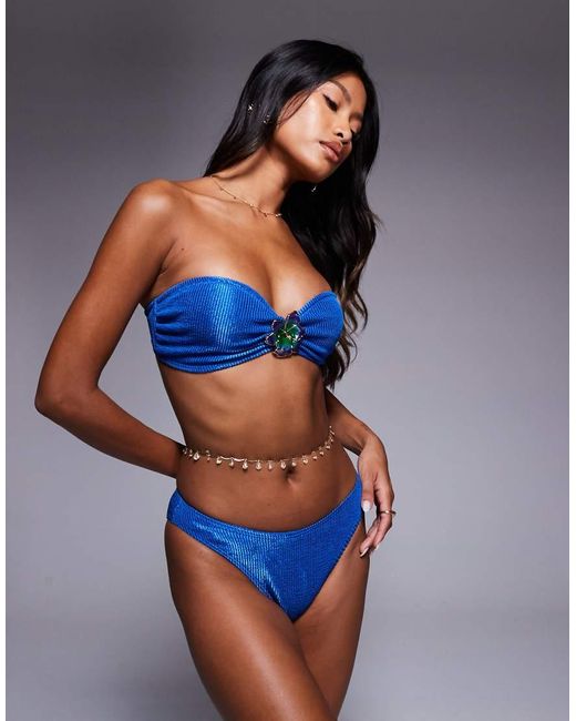 South Beach Blue Crinkle Bandeau Bikini Top With Flower Detail