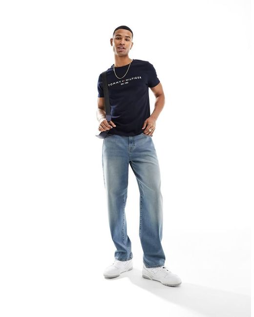 Tommy Hilfiger Blue Embroidered Flag Logo T-shirt for men