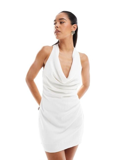 Stradivarius White Linen Look Cowl Neck Mini Dress