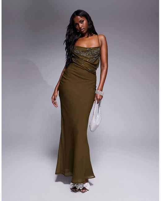 Robe longue et ornementée à bretelles fines avec corsage drapé et jupe coupée en biais - kaki ASOS en coloris Brown