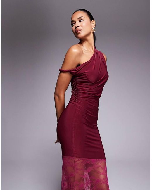 Kaiia Exclusive Double Layered Slinky Twist Off Shoulder Asymmetric Sheer Lace Skirt Maxi Dress